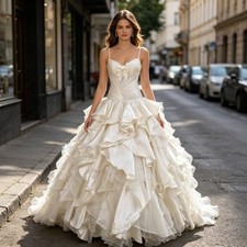 Elegant Vintage Satin Spaghetti Strap Wedding Dress Organza Layered Ruffled