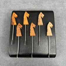 Vintage Wooden Horse Head Cocktail Picks Set of 6 Mid Century Barware Appetizer