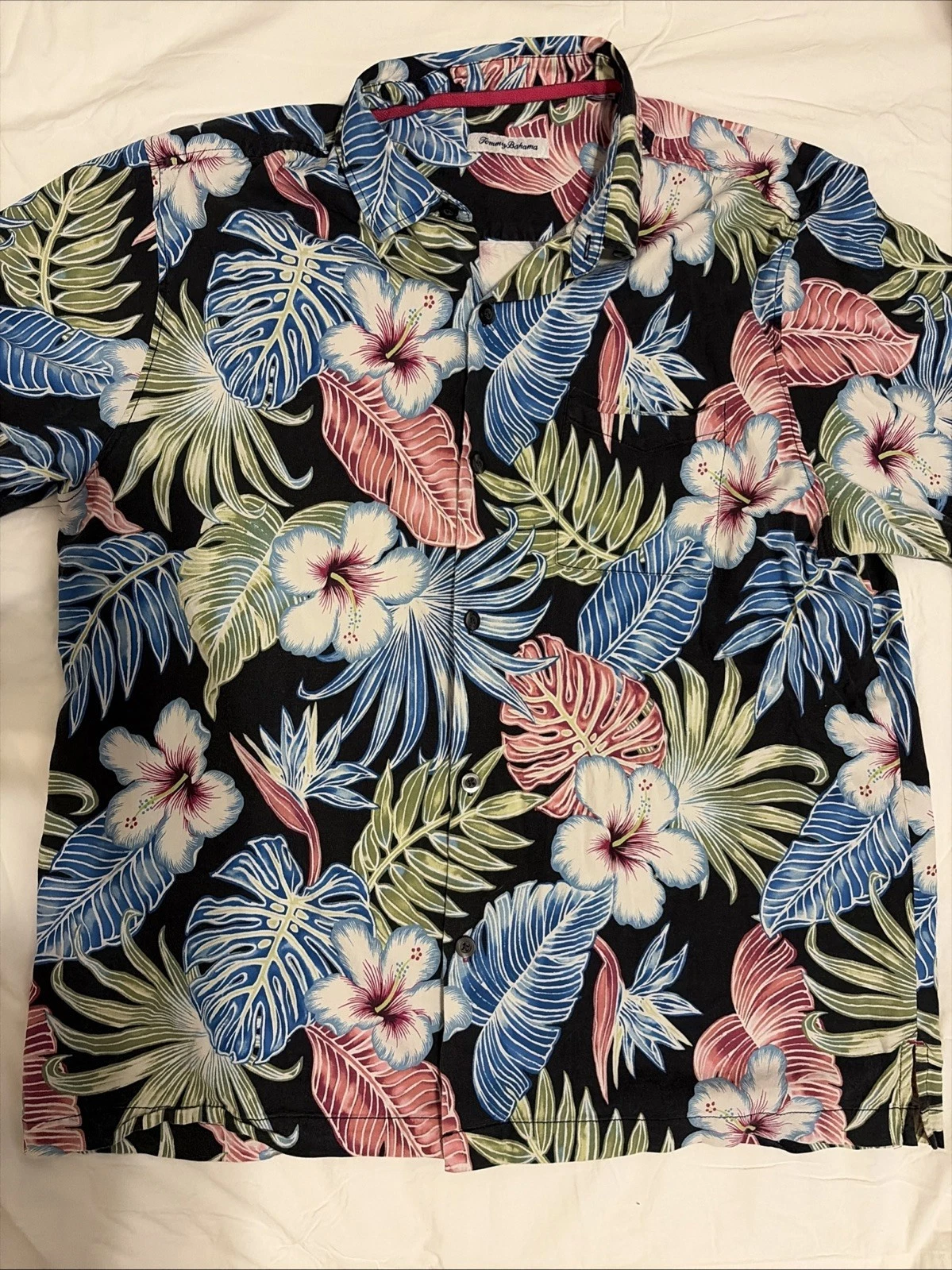 Tommy Bahama Palm Grove 100% Silk Short Sleeve Camp Floral Black Pink L