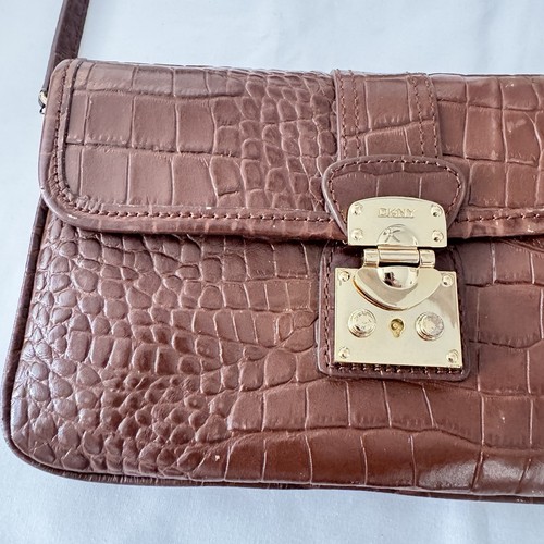 DKNY Women's Small 6"x9" Brown Crocodile-Effect Leather Shoulder Purse Bag - Picture 3 of 10