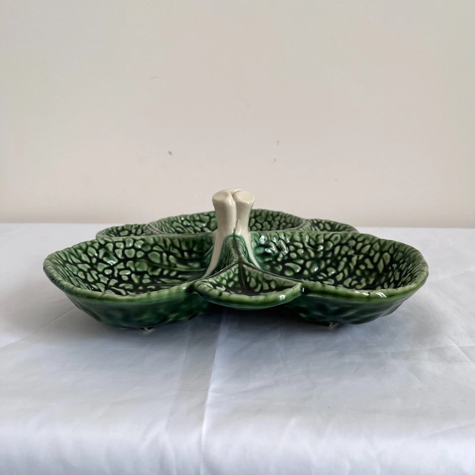 Vintage F Subtil Portugal Majolica Cabbage Leaf Divided Serving Dish P 13 - Image 2 of 4