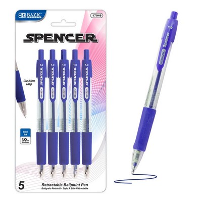 BAZIC Spencer Blue Retractable Pen w/ Cushion Grip (5/Pack)