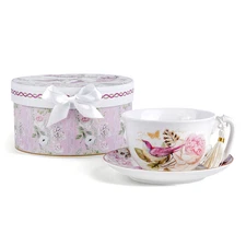 STPGOODS Birds in Rose Garden Bone China Teacup and Saucer in Gift Box 10 oz Cup