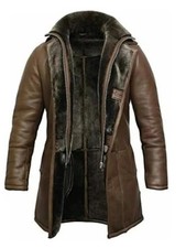 Men’s Real Sheepskin Shearling Leather Coat Brown Hooded Fur Lined Winter Parka