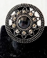 Silver Tone Cocktail Ring With Black Colored Stone Size 7 Adjustable J9-1024