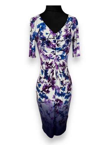 M&S Collection Dress Women's Size 8 Purple Floral Stretch Pencil Bodycon Ruched - Picture 7 of 13