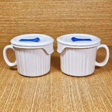 Corning Ware FRENCH WHITE 20oz. SOUP/MEAL MUGS with VENTED LIDS (set of 2) EUC