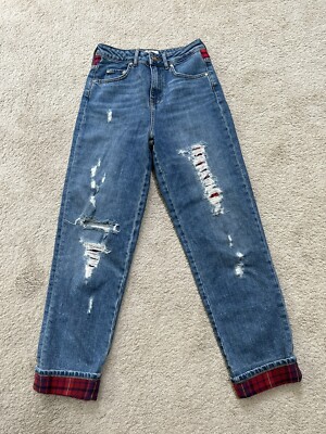 Rare Tommy Hilfiger Gigi Hadid Tartan Red Plaid Ripped Distressed Jeans  Size 26
