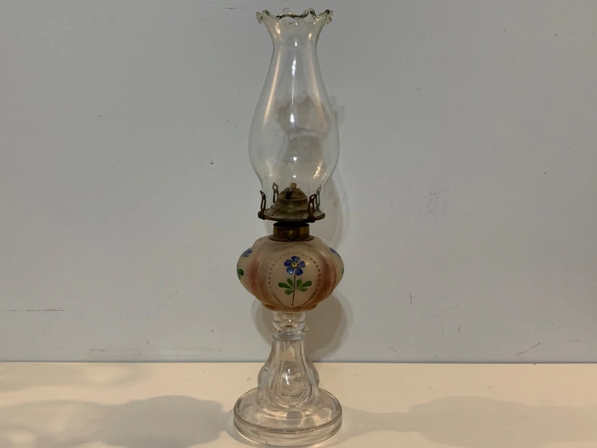 Antique Victorian Era Glass Oil Lamp with Hand Painted Enamel Floral Decorations