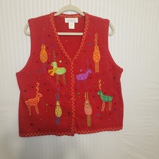 Vintage Susan Bristol  Hand  Embroidered Reindeer Holiday Sleeveless RedVest SzL