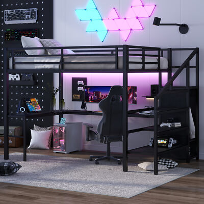 Metal Queen Size Loft Bed W/ L-shaped Desk /USB / Wardrobe Full Length Guardrail