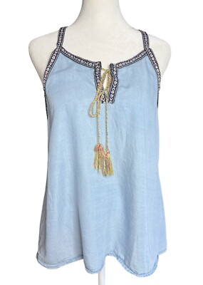 MIA MODA Bohochic Tasseled Tank Top Lyocell Blue Size M Aztec Trim Made in Italy
