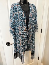 NWT COVER-UP L DUSTER KIMONO Monroe LULAROE FRINGE BLUE ORANGE BLACK BEACH POOL