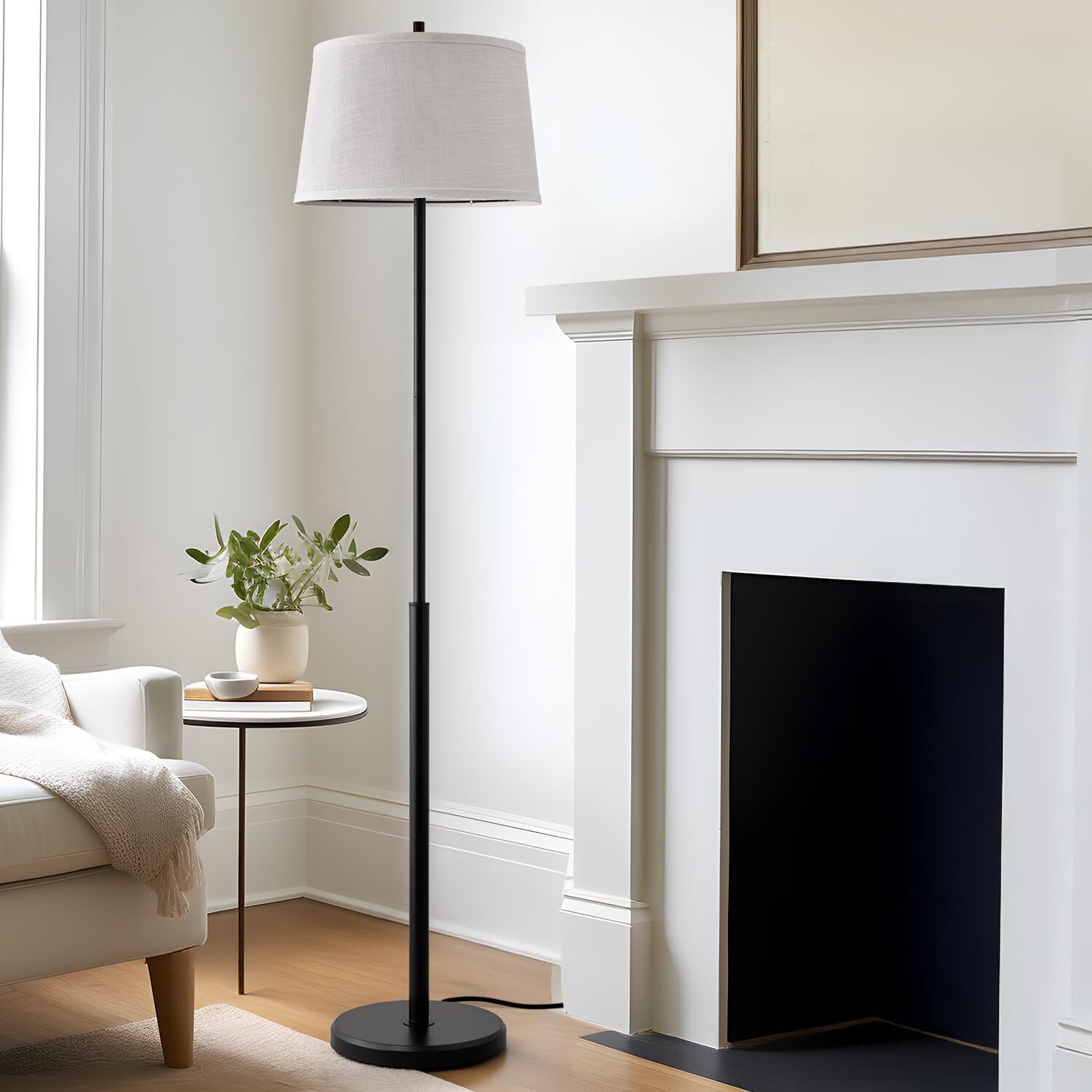 Living room floor lamp with modern standing lamp with white linen shade