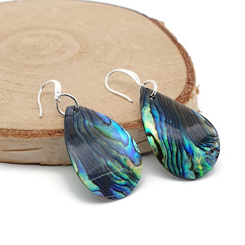 Paua Earrings Rainbow Abalone Natural Shell Dangle Drop Sterling Silver Hooks - Picture 19 of 84
