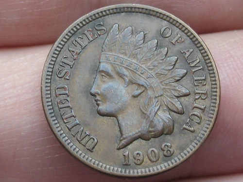 1908 P Indian Head Cent Penny, Philadelphia, AU Details, Almost 4 Diamonds