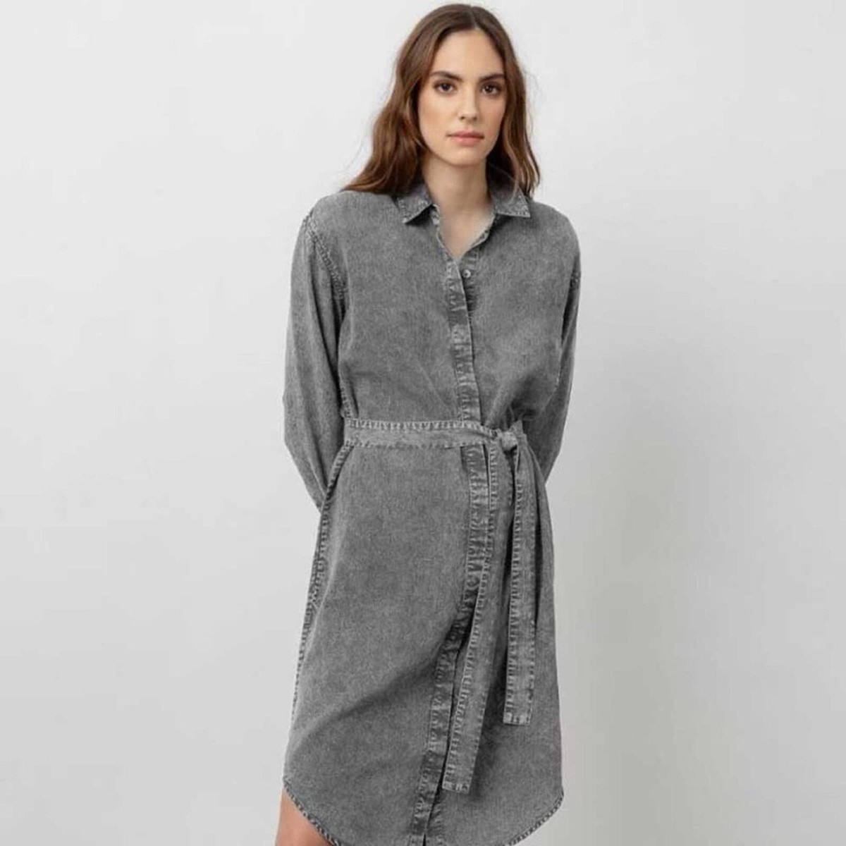 AVEC LES FILLES Denim Tie Waist Shirt Dress Acid Wash Black Gray {AA9}