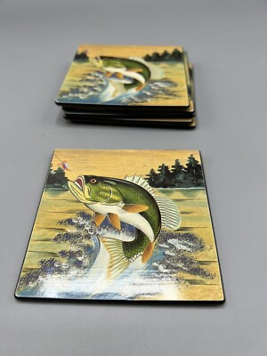 Vintage OCI Fish Laminated Coasters Set of 6 Taiwan Fitz & Floyd 4 x4  Rare