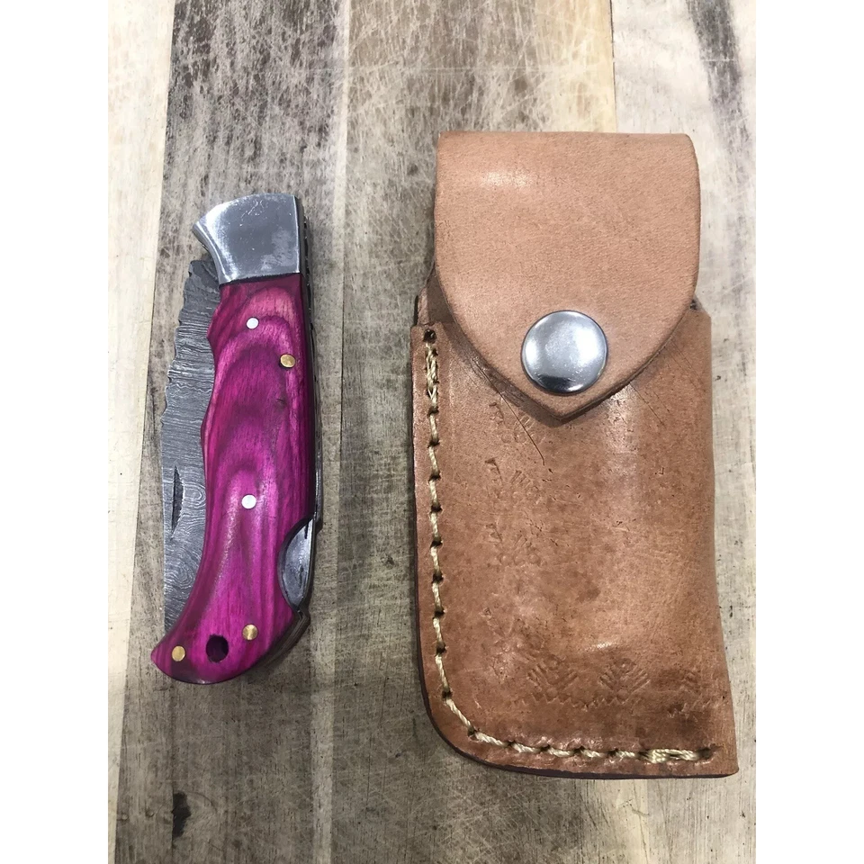 7英寸大马士革钢制折叠刀粉红色手柄战术野营口袋刀片 — 第 3/4 张图片