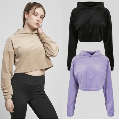 Urban Classics Ladies Cropped Velvet Oversized Hoody Pullover Sweater bauchfrei 