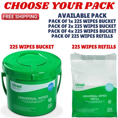 Clinell Universal Cleaning 225 Wipes Bucket & Refills Kills 99.99% Germs in 30s