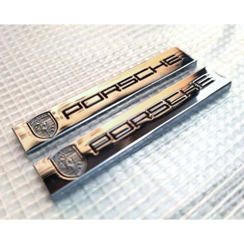 PORSCHE Emblem Silver Set of 2 Metal Plate Badge Car Decoration New - Image 2 of 2