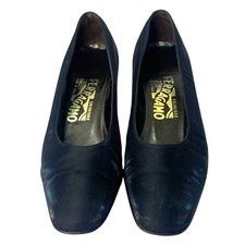 Salvatore Ferragamo Vintage Black Satin Crystal Embellished Block Heel Pumps 7