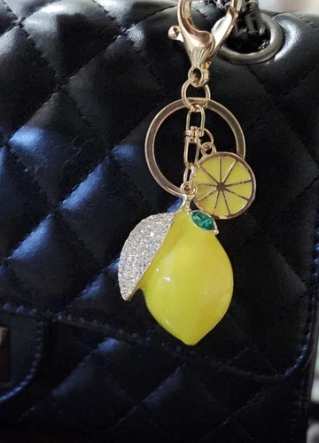 Lemon Yellow Bag Charm Keychain Tassel Gold Crystal Purse Charm Rhinestones CUTE