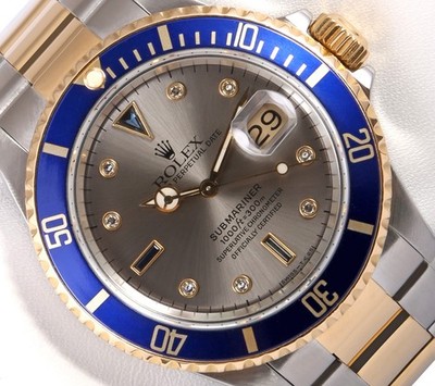 Rolex Submariner Date 16613 Yellow Gold & Steel Blue Insert - Gray Diamond Dial