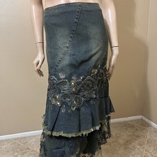 Women  s Greenish Denim Cotton Stretch Boho Beads Zipper Size L 8-10 Skirt 3716