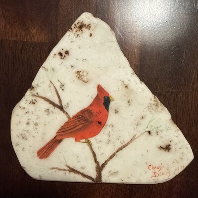 Red Cardinal Hand painted On A Natural Stone Signed & Dated