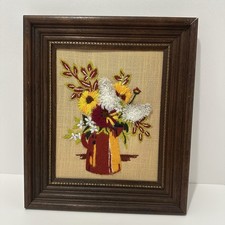 Vintage Hand Embroidered Crewel Wall Art Red & Orange Flowers Framed