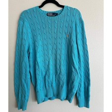 Polo Ralph Lauren Turquoise Blue Cable Knit Crewneck Sweater L Preppy Old Money