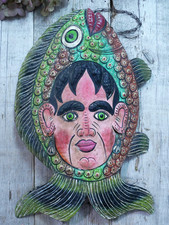 Merman Face Mask Sheet Metal Handmade Hand Painted Guerrero Mexican Folk Art Lg