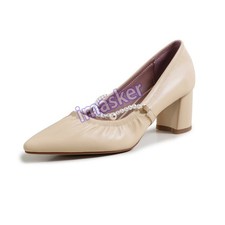 Womens Pointed Toe Pearls 5.5cm Mid Chunky Block Heels Pumps Shoes Office Ladies