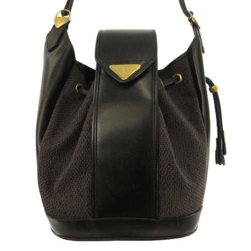 YVES SAINT LAURENT Bucket Bag Shoulder Logo Plate Leather ombination Gold