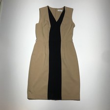 Calvin Klein Sheath Dress Womens 6 Camel Black Colorblock V-Neck Woven Essential