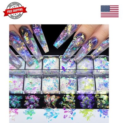 12 Colors Holographic Nail Art Glitter Sequins Iridescent Ice Slag Nail Glitt...