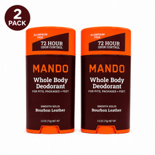 2 Pack Mando Whole Body Deodorant Smooth Solid Bourbon Leather 2.6 oz NEW 72 hr.