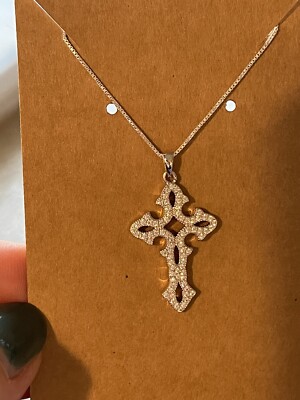 Sterling Silver Clear Cubic Zirconia Cross Necklace 22 Inch Box