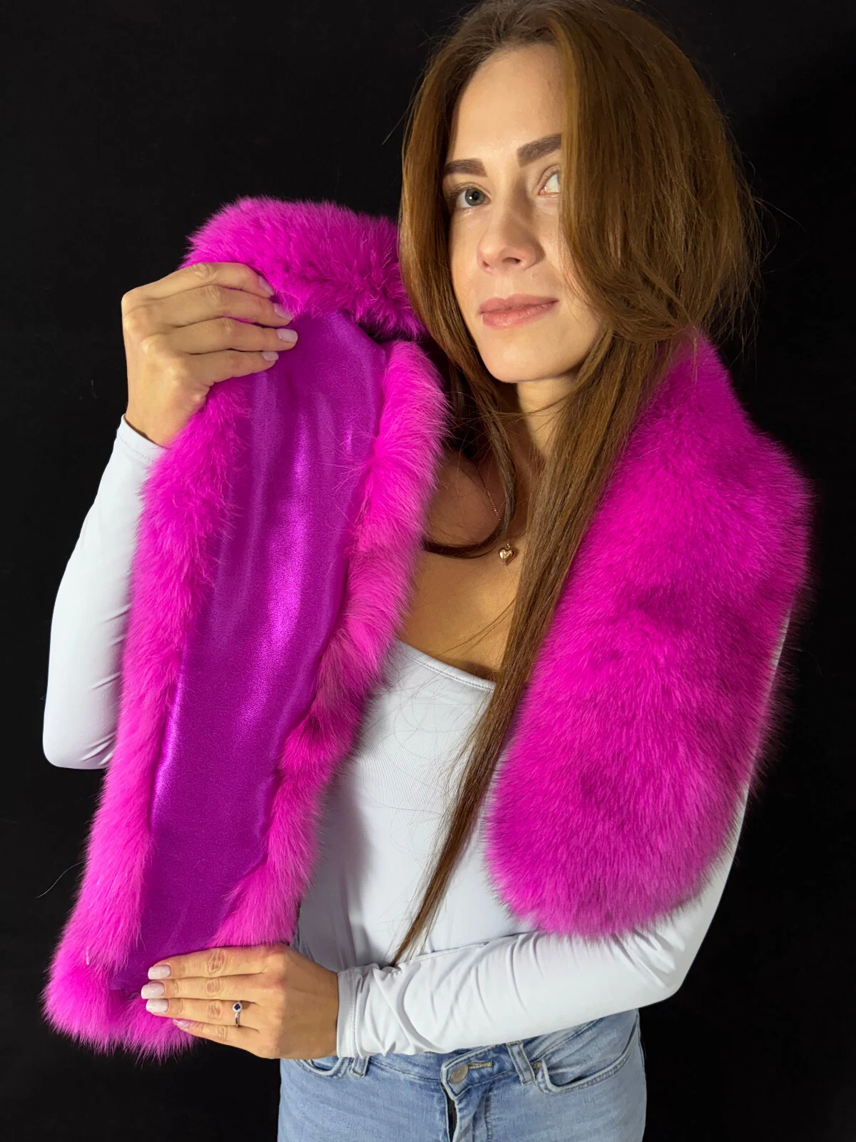 Luxury Fox Fur Stole 51'' (130cm) Saga Furs Big Scarf Fuchsia Pink Fur Collar