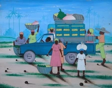 ORIGINAL HAITIAN ART PAINTING ARTIST  GASPARD GILOT 2420 PUBLIC TRANSPORT TRUCK 