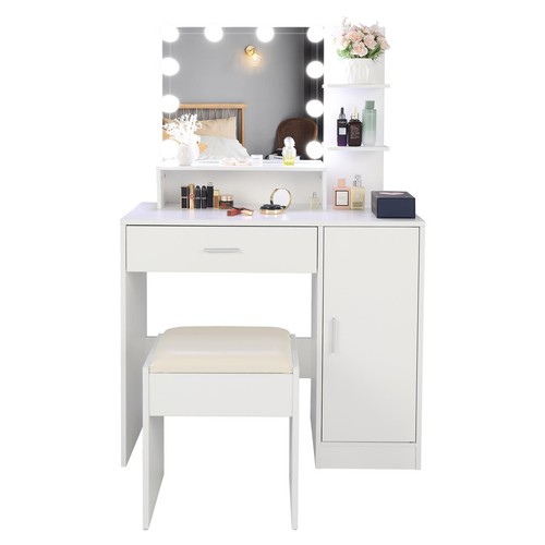 LED Mirror Dressing Table Vanity Set with Stool Storage Cabinet Drawer Shelf - Picture 9 of 10