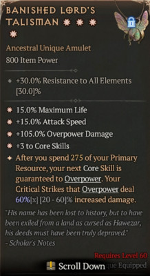 Diablo 4 Season 7 4GA Banished Lord's Talisman special affix max roll 60%