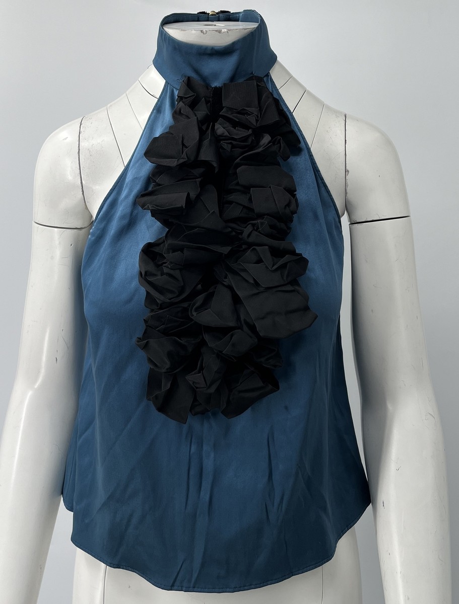 Etro Blue Sleeveless Halter-Neck Silk Blend Ruffle Accent