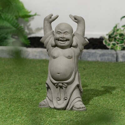 Happy Buddha Statue W/Hands Up-Gray/Rustic Brown-Garden Statue Art Sculpture