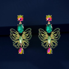 Women's Green Crystal Rhinestone Butterfly Dangle Stud Earrings