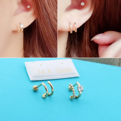 14 kt massives Gold asymmetrische Bijou Doppel Manschette Ohrstecker, 14 K, Semi Huggies