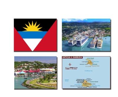 4er Set Antigua und Barbuda Kühlschrankmagnete Flagge, Karte und Sehenswürdigkeiten Sehenswürdigkeiten