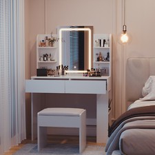 Weißer Schminktisch Schminktisch mit LED-Spiegel 2Schubladen Schlafzimmer